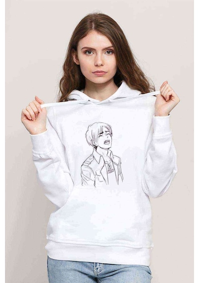 Anime Attack On Titan Baskılı Beyaz Kadın Kapşonlu Sweatshirt (534764076)
