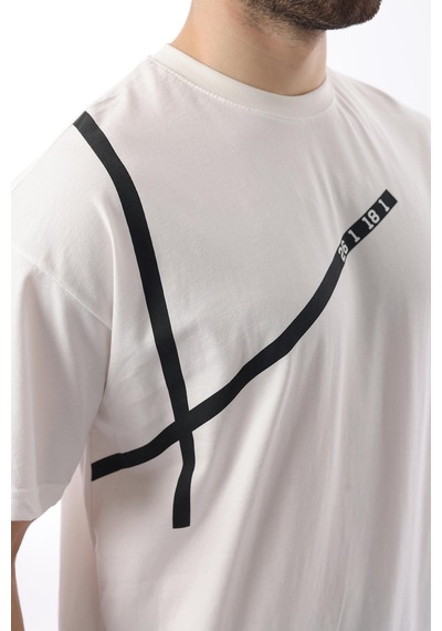 Madmext Ekru Bisiklet Yaka Şerit Detaylı Pamuklu Erkek T-shirt E7033 Ekru
