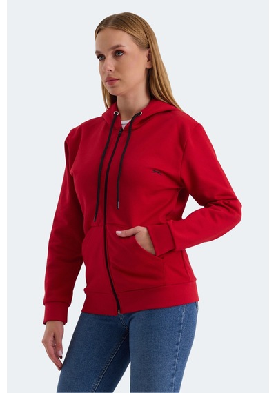 Slazenger Katya Kadın Fermuarlı Kapüşonlu Cepli Kırmızı Sweatshirt Kırmızı