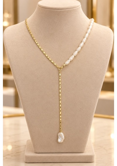 Kadın Gold Zincirli Doğal İnci Y Kolye Barok İnci Uçlu Şık Ve Zarif Kolye Altın - 926994436 Altın