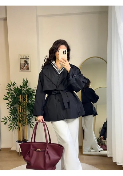 Prifaldi Yeni Sezon Zr Kadın Rüzgarlık Detaylı Kuşaklı Kısa Siyah Trençkot