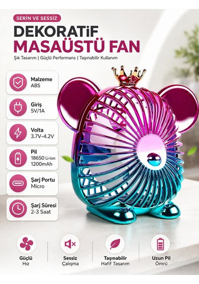 Usb Şarjlı Dekoratif Masaüstü Fan 1200mah Sessiz Mini Vantilatör 3 Kademeli