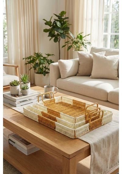 Buffer İç İçe Geçebilen 3'lü Dikdörtgen Plastik Rattan Tepsi Seti, Çift Renkli Hasır Görünümlü, Çok Amaçlı Servis Ve Sunum Tepsileri, 30x20x4.5cm, 35x25x4.5cm, 40x30x4.5cm Sku: Zeusstkb96bd91b6b