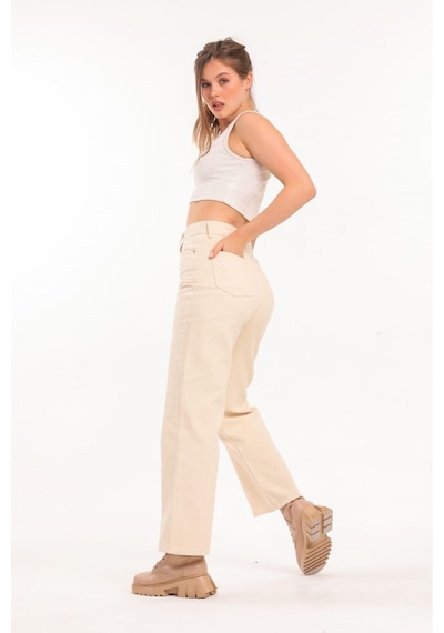2020 Kadın Likrasız Palazzo Jeans Kot Denim Pantolon Bej