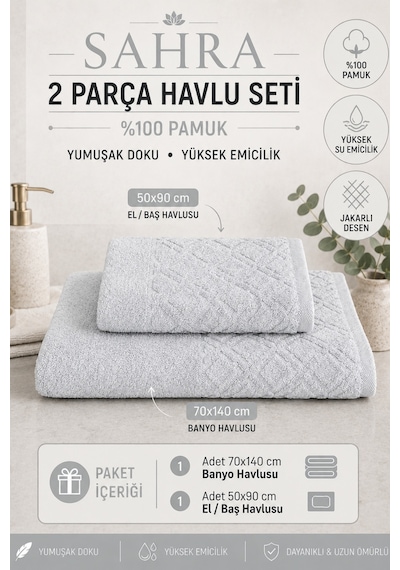 Sahra 2'li Banyo Havlu Seti Havlu Banyo Havlusu I Hamam Seti I Çeyiz Havlusu 70 X 140 Cm - 50 X 90 Cm Gri
