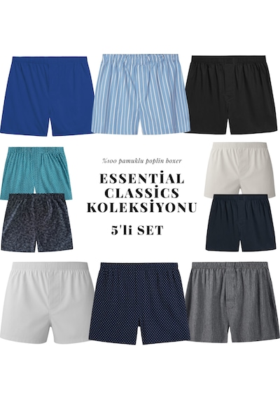 Yohannes Club Boxer Erkek, 5'li "essentian Classics Koleksiyonu" % 100 Pamuklu Poplin Kumaş, Koyu Renkler, 5 Adet Navy