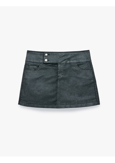 Koton Normal Bel Düğme Detaylı Cepli Pamuklu Denim Mini Şort Etek Siyah 7wal70031md