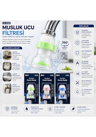Lunaev 12 Adet Musluk Ucu Filtresi Akordiyon - Pervaneli 360 16 - 19 Mm Tüm Musluklara Uyum Kireçle Açık Ahşap
