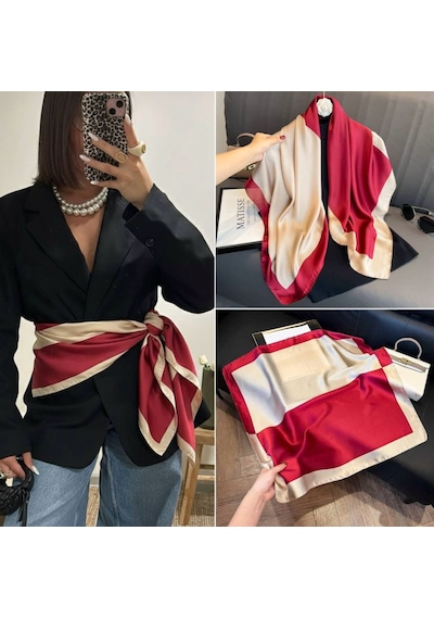 Modaonna Özel Baskı Krem Bordo Saten Fular Krem - Bordo