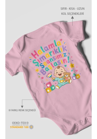 Morivokids Halamla Şımarıklık Seansımız Başlasın Kısa Kollu Bebek Body %100 Pamuk Koyu Pembe