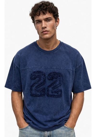 Respire Erkek 22 Nakışlı Yıkamalı Oversize T-shirt Lacivert