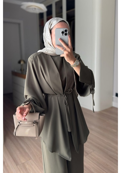 Ka Hijab Kol Detaylı Dökümlü Üçlü Takım - Haki