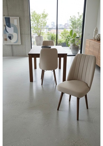 Nora 3 Adet Sandalye - Keten Kumaşlı Sandalye Modern Ahşap Ayaklı Yemek & Çalışma Sandalyesi Minimal Tasarım Cappuccino