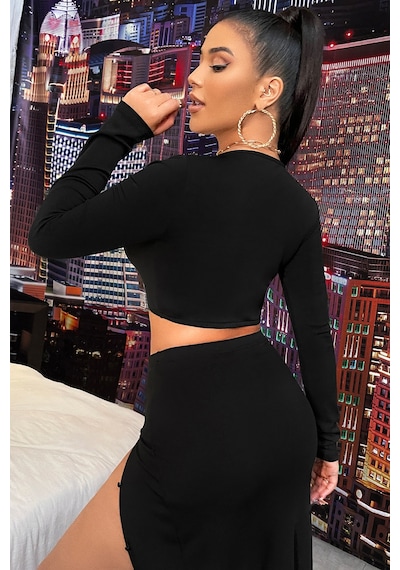 Angbutik Kadın Siyah Uzun Kol Göğüs Ve Göbek Dekolteli Fermuarlı Crop Top Bluz