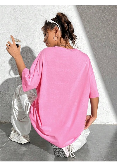 Noıssey Karikatür Ve Grafik Tasarım Oversize T-shirt Cartoon/letter Serisi Kod38 Pembe