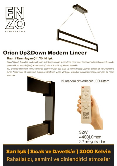 Orion Silver Lineer Led Sarkıt Avize Kumandalı Dim Edilebilir Yukarı & Aşağı Işık Sarı Işık