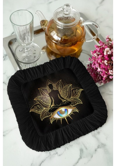 Lotus Meditasyon Saçaklı Sunum Peçetesi - Mistik Göz Harman Bohem Siyah Bardak Altlığı Mendil Çok Renkli