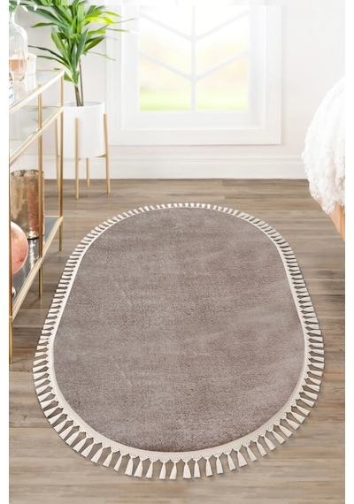 Vl Yuvarlak Comfort Ponpon Saçaklı Peluş Post Halı Kahverengi Halı Kahverengi Popon Saçaklı Oval