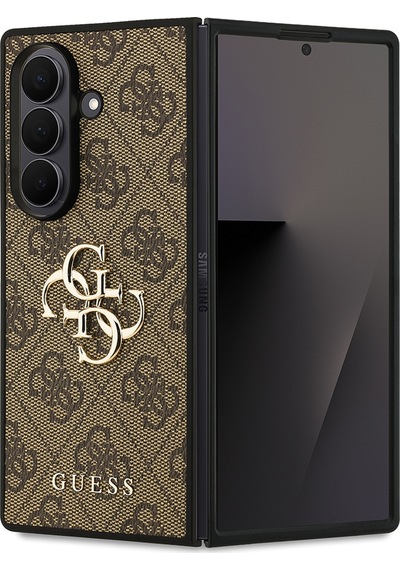 Galaxy Z Fold 7 Uyumlu Kılıf Guess Lisanslı Pu Deri Büyük Metal Logo Dizaynlı Kapak Kahverengi