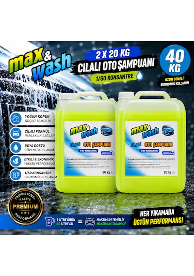 Max&wash 2x20 Kg Cilalı Oto Şampuan Seti 1/60 Konsantre Yoğun Köpük Parlaklık Sağlayan Profesyonel Araç Yıkama Şampuanı Toplam 40 Kg