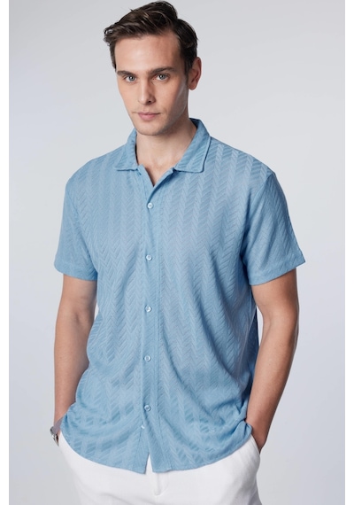 Tudors Slim Fit Dar Kesim Kısa Kollu Nefes Alan Örme Doku Armür Desenli Yazlık Mavi Erkek Gömlek-31003-mavi Mavi