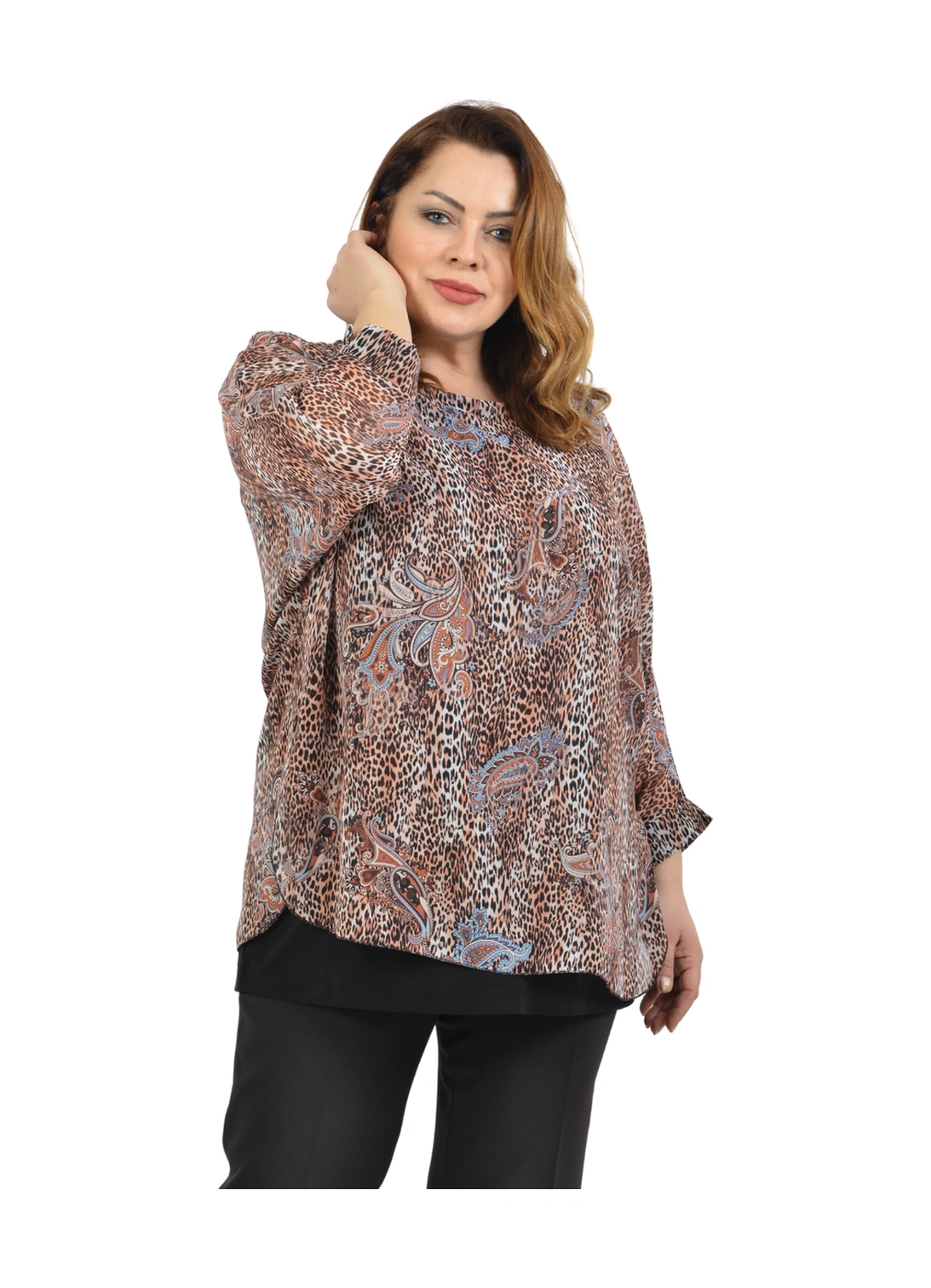 Lilas Xxl Büyük Beden Kahve Renkli Desenli Şifon Bluz Kahve
