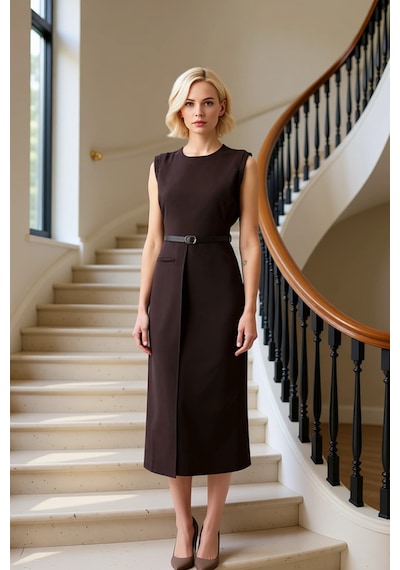 Benerly Kadın Bisiklet Yaka Kolsuz Bodycon Kalıp Düz Desen Dokuma Midi El Kahverengi
