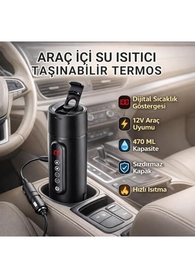 Coofbe Paslanmaz Çelik 470ml Araç Su Isıtıcı Taşınabilir Termos Dijital Ekranlı Araç Su Isıtıcı Kattle