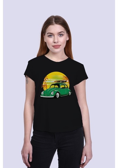 Kadın Siyah Ön Araba Baskılı V Yaka Tshirt Siyah