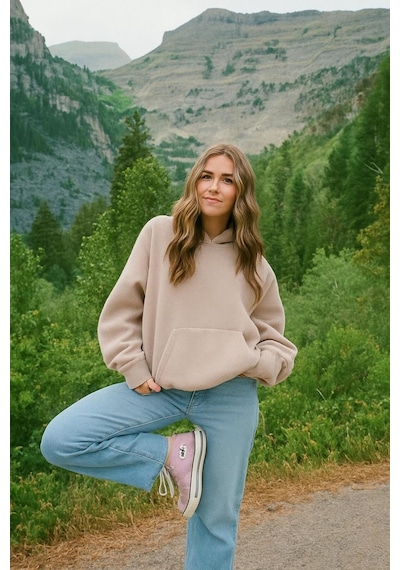 Benroma Düz Ünisex Oversize Kapüşonlu Sweatshırt Bej