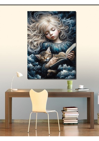 Kanvas Tablo Kitap Okuyan Kız Ve Kedi 70cmx100cm
