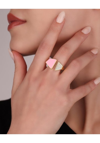 Yarısı Pembe Mine Yarısı Taşlı Gümüş Yüzük Altın