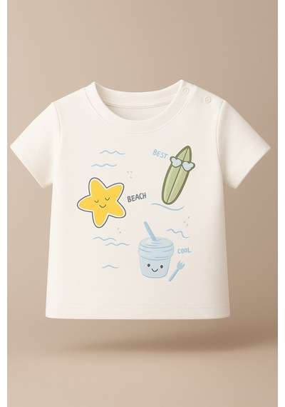 %100 Pamuklu Best Beach Team T-shirt Ekru