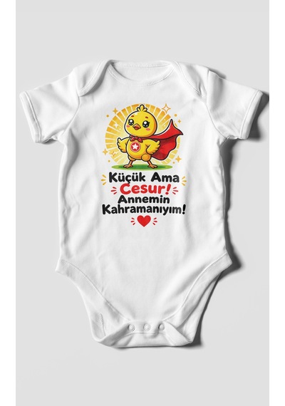 Morivokids Küçük Ama Cesur Annemin Kahramanıyım Kısa Kollu Bebek Body %100 Pamuk Beyaz