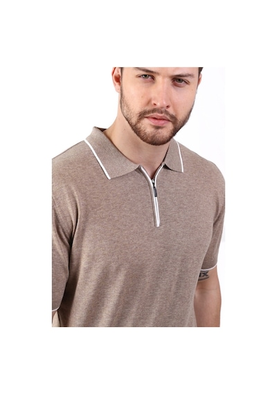 Ferraro Bej Yaka Şerit Fermuarlı Erkek Pamuk Triko T-Shirt-Bej