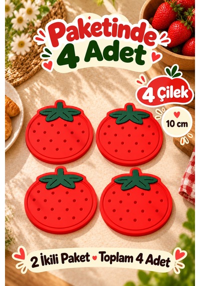 4'lü Çilek Desenli Bardak Altlığı Seti 10 Cm Kahve Ve Çay Fincan Altlığı Renkli Masa Sunum Aksesuarı Çok Renkli