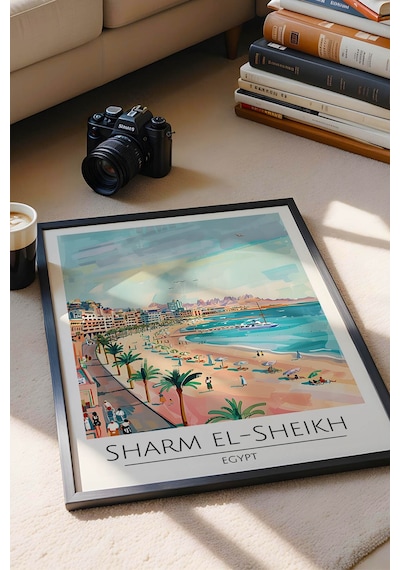 Mısır Sharm El-sheikh Temalı Çerçeveli Tablo Travel Serisi Modern İllüstrasyon Duvar Dekoru Siyah
