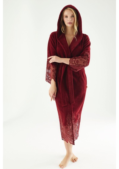 Dantelli Uzun Kapüşonlu Triga Bambu Cotton Bayan Bornoz Bordo