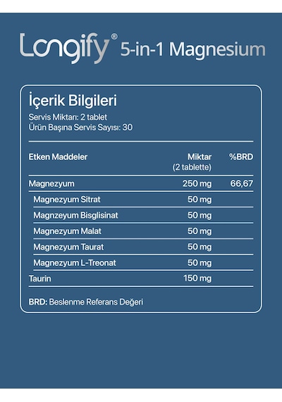 Longify 5-in-1 Magnesium Magnezyum Bisglisinat, Sitrat, Malat, L-treonat, Taurat Ve Taurin 60 Tablet