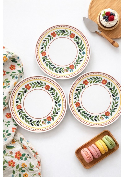 Grandora Retro Zeytin Ve Çiçekli 6 Adet, 20 Cm Pasta, Tatlı Veya Sunum Tabağı - Çok Amaçlı Kahvaltı Tabak Çok Renkli