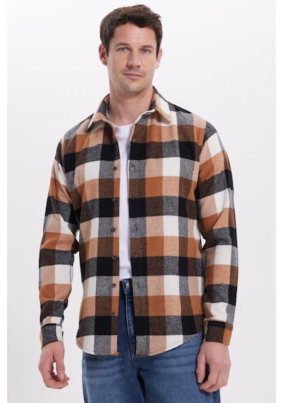 Tudors Erkek Slim Fit Dar Kesim Kareli Kışlık Oduncu Gömlek-42221 Kahverengi