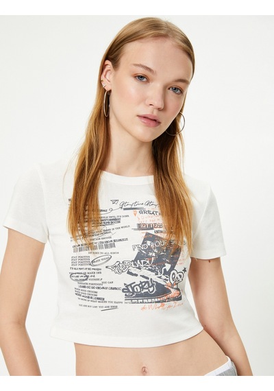 Koton Crop Baskılı Tişört Kısa Kollu Bisiklet Yaka Slim Fit Pamuklu Ekru 4sal10916ık Ekru