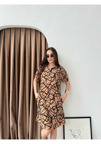 Sarıdağ Desenli Elbise Tunik Bej