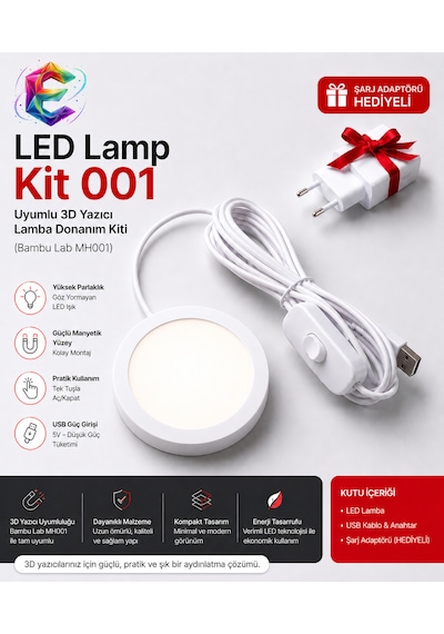 Led Lamp - Kit 001 Uyumlu 3d Yazıcı Lamba Donanım Kiti Beyaz Bambu Lab Mh001 Tam Uyumlu + Şarj Adaptörü Hediyeli