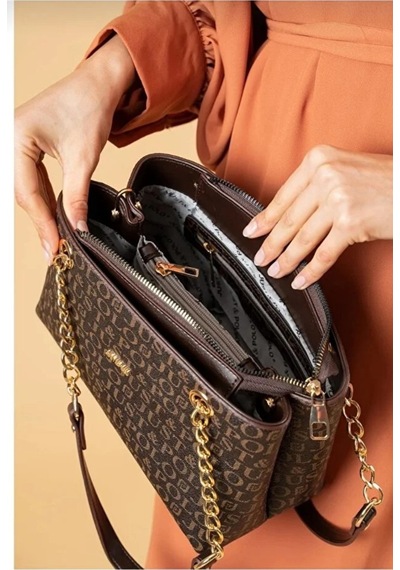 Just Polo Orijinal Kadın 3 Bölmeli Zincir Detaylı Ayarlanabilir Askılı Lüks El & Omuz Çantası Shoulder Bag Kahverengi