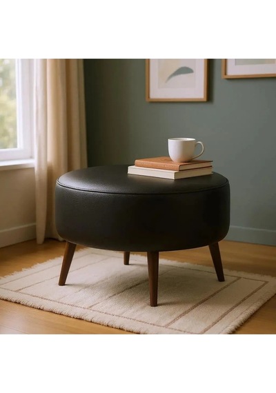 Waterybrook Suni Deri Puf Large - Ceviz Ahşap Ayaklı - Retro Modern Tasarım - Dekoratif Sehpa Siyah