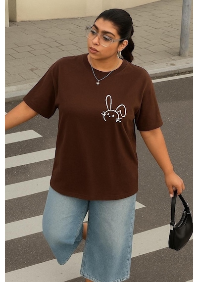 Büyük Beden Tavşan Baskılı Unisex Tişört Kahverengi
