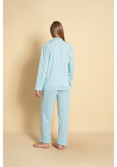 Kadın Boydan Düğmeli Küçük Yıldız Detaylı Pijama Takım A.mavi
