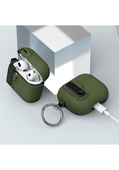 Apple Uyumlu AirPods 4. Nesil İle Kılıf Standlı Kilitli Tpu Premium Matte Trip Case Koyu Yeşil