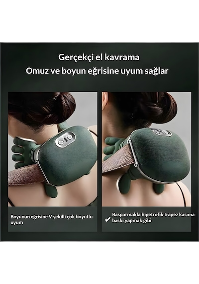 Smayling Gerçek El Hissi Boyun Ve Omuz Masaj Aleti Isıtmalı Şarjlı Kablosuz Masaj Cihazı 3 Modlu Derin Doku Masajı Yeşil